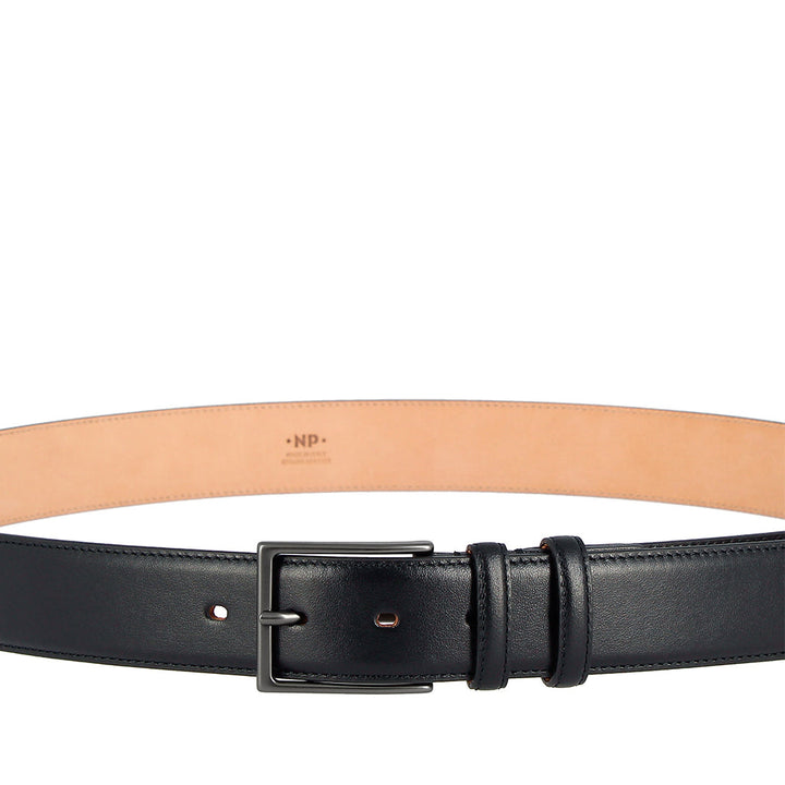 Black leather belt with silver buckle and tan inner lining