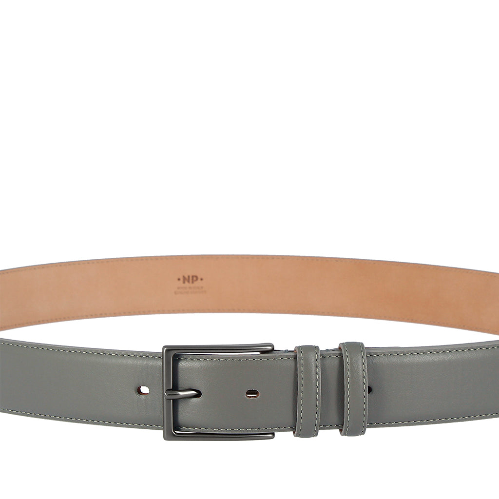 Gray leather belt with silver buckle and tan inner lining