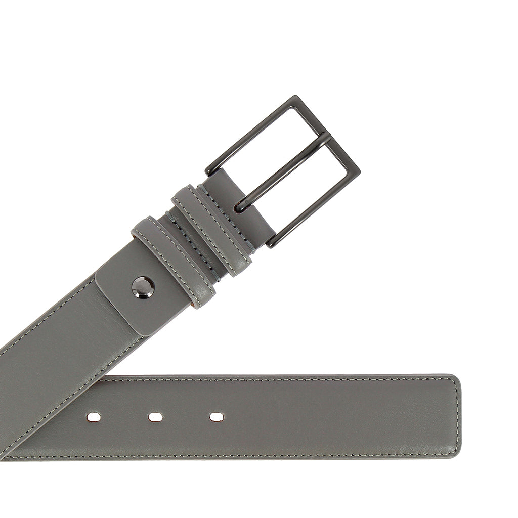 Gray leather belt with black buckle and white stitching