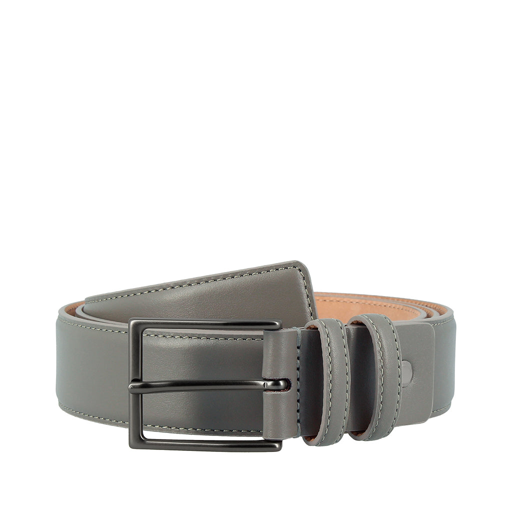 Gray leather belt with black buckle laid flat on a white background