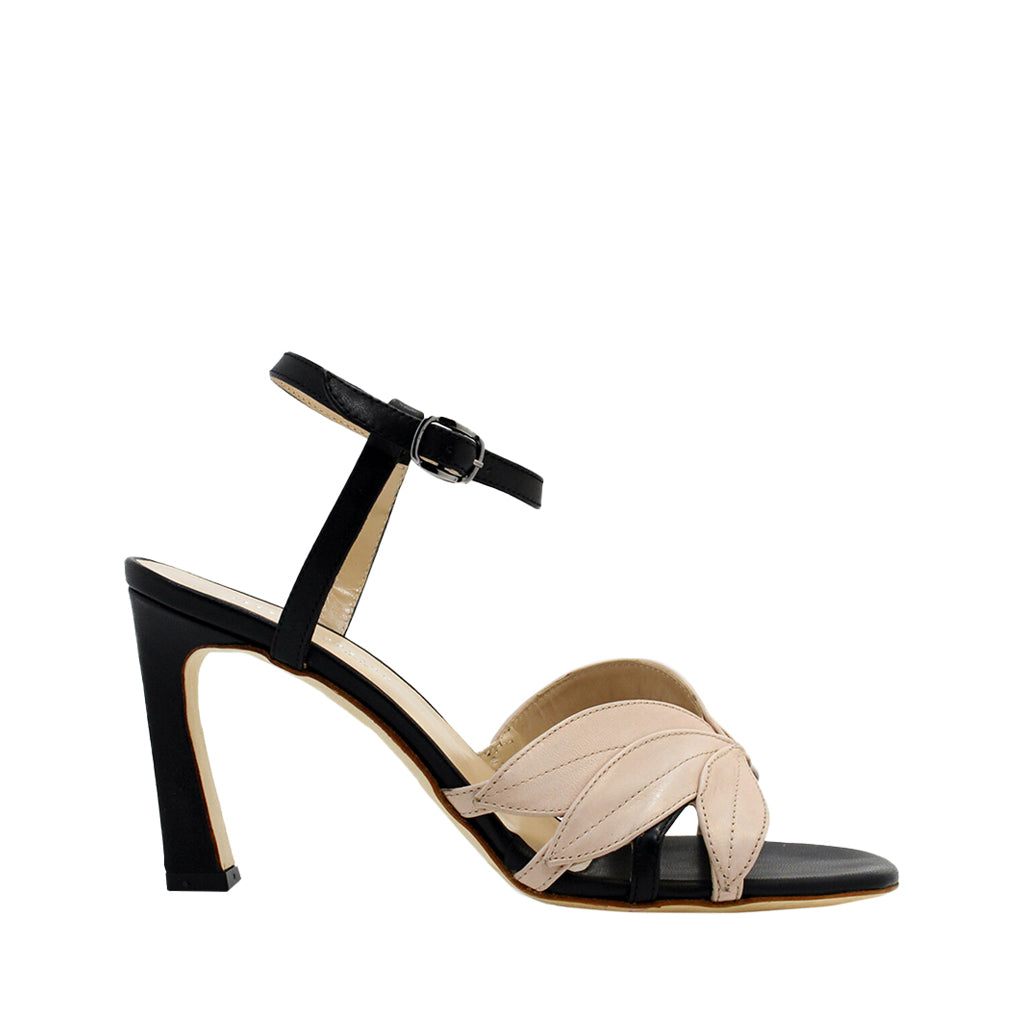 Elegant black and beige high heel sandal with ankle strap