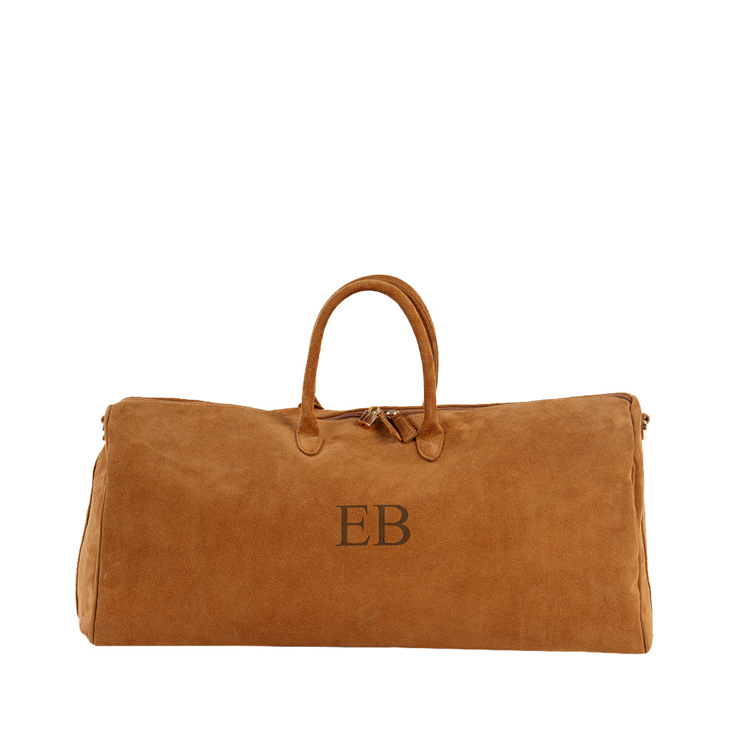 Brown suede duffel bag with monogrammed initials EB