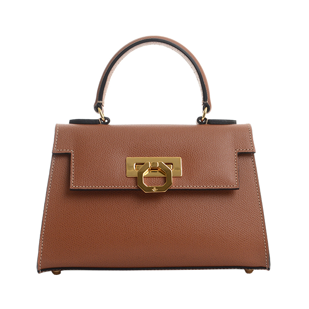 Elegant brown leather handbag with gold buckle clasp