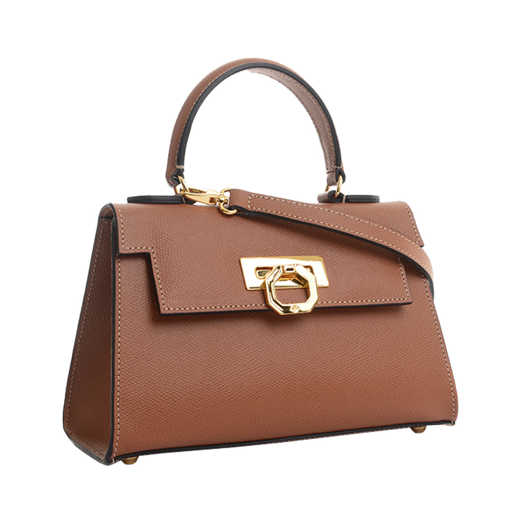 Brown leather handbag with gold hardware and top handle