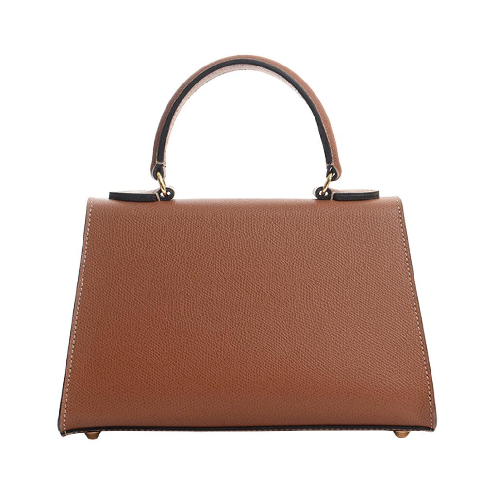 Brown leather handbag with a structured design and top handle