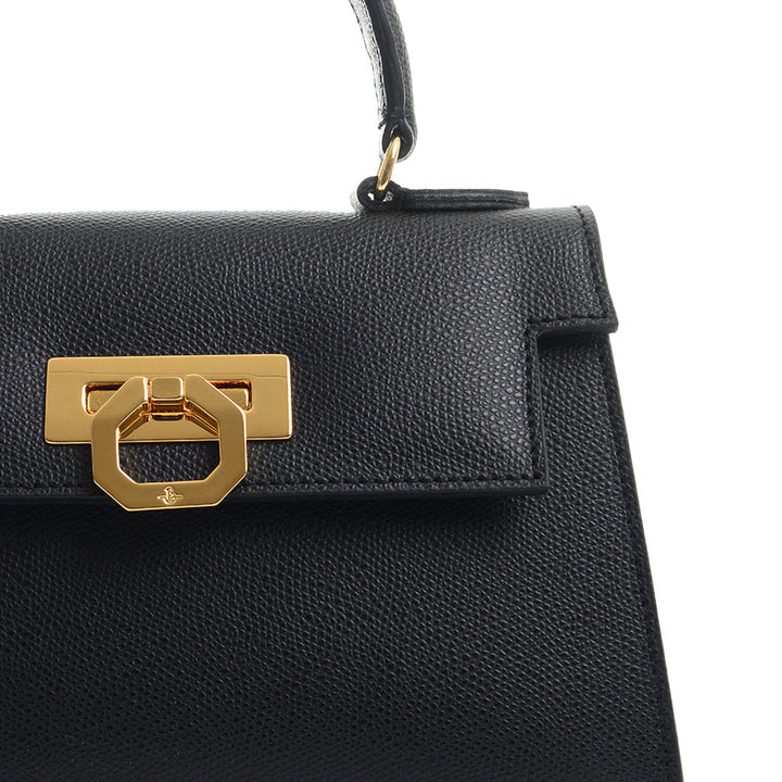 Elegant black leather handbag with gold clasp detail