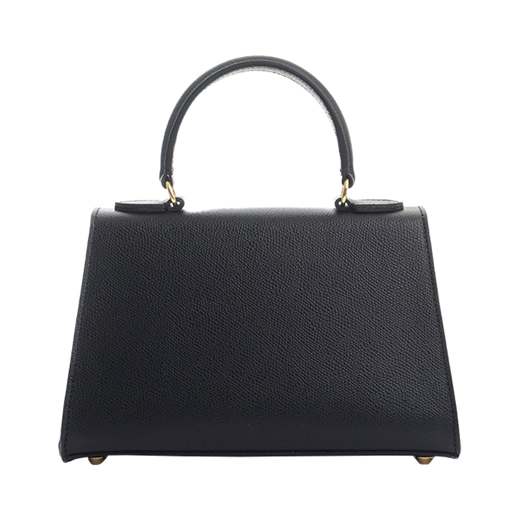 Elegant black leather handbag with a structured design and gold-tone hardware