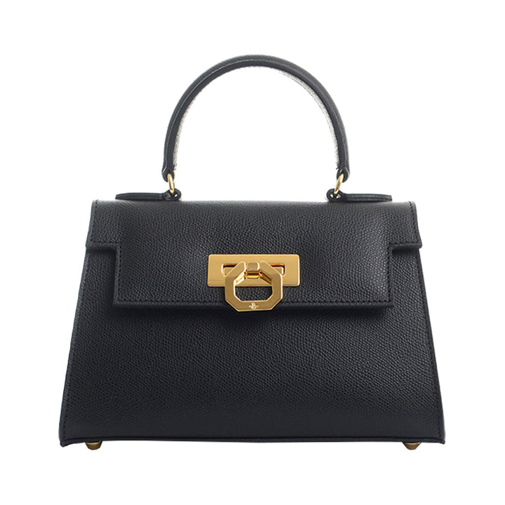 Elegant black leather handbag with gold clasp