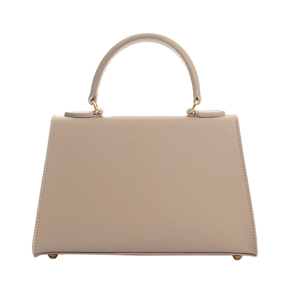 Beige leather handbag with top handle and gold hardware