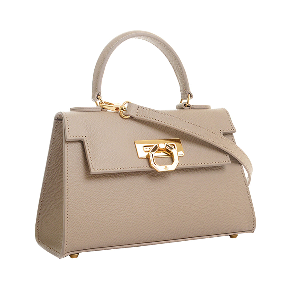 Beige leather handbag with gold hardware and top handle