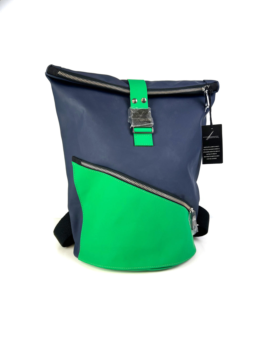 Modern blue and green backpack with zippers and a black tag on a white background