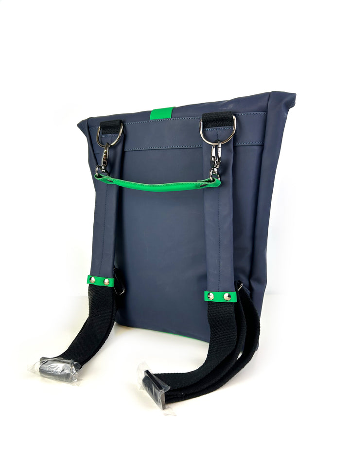 Navy blue and green waterproof backpack with black straps