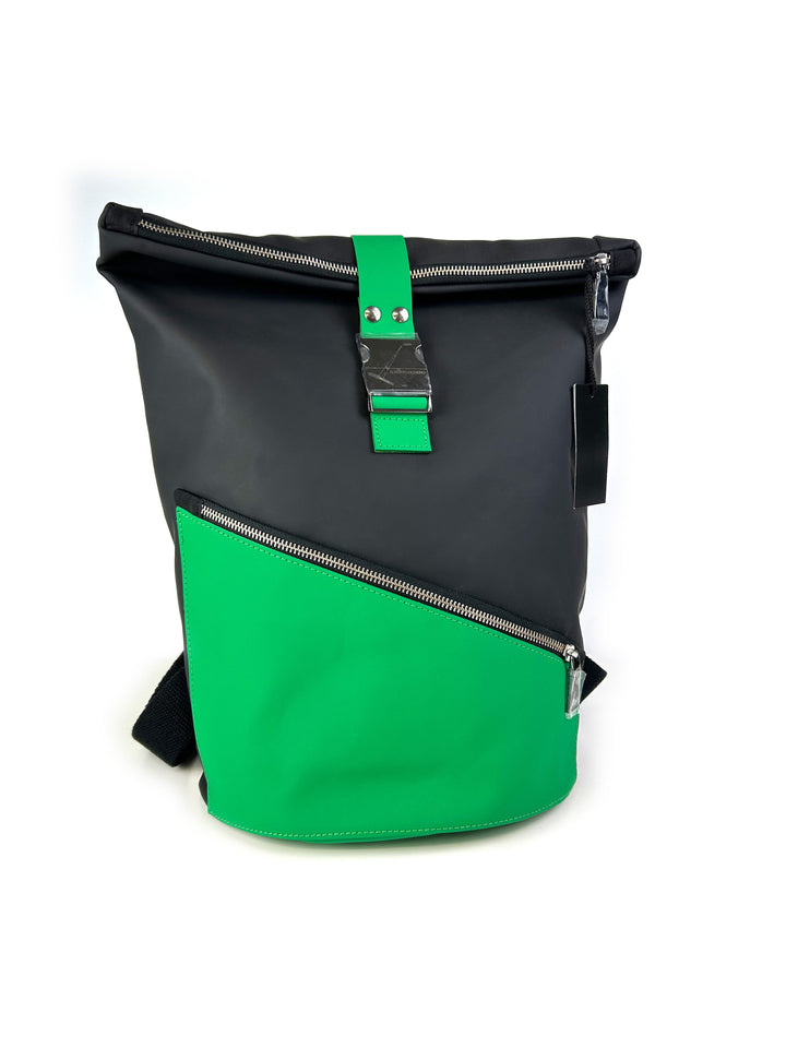 Black and green modern backpack with multiple zippers and adjustable straps