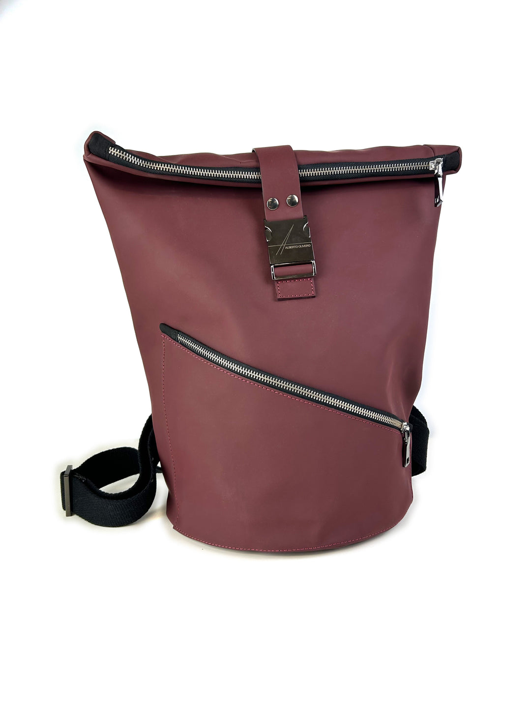 Maroon backpack with silver zippers and black strap on white background