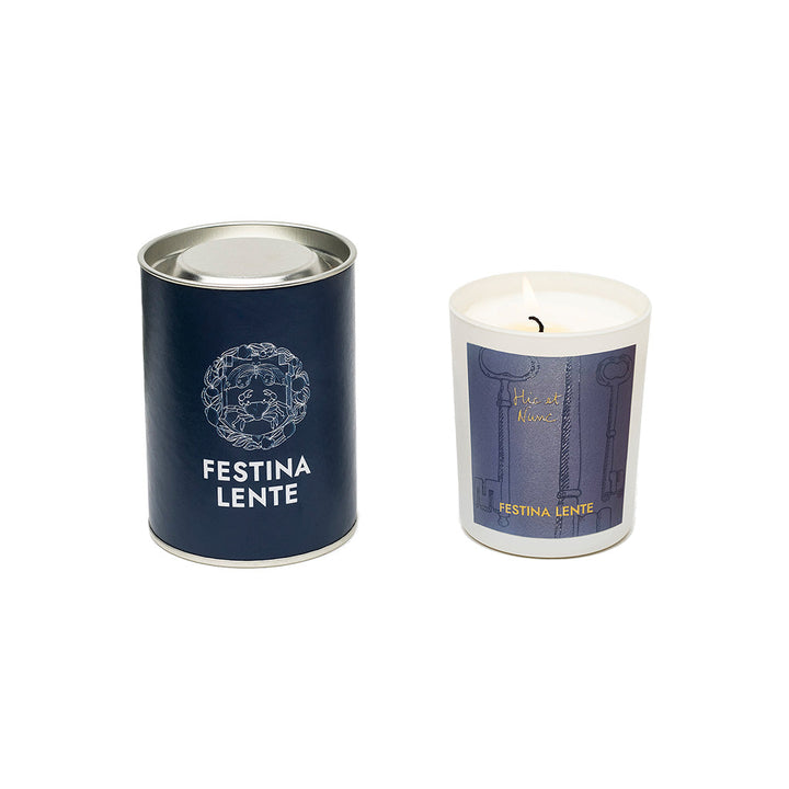 Festina Lente luxury scented candle with decorative blue packaging