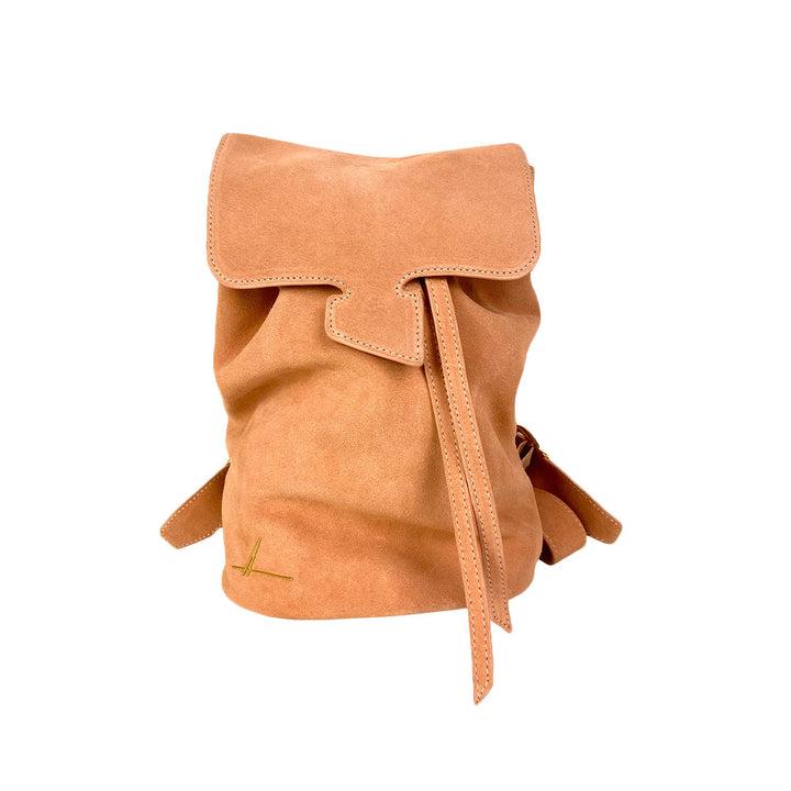 Tan suede leather backpack with drawstring closure
