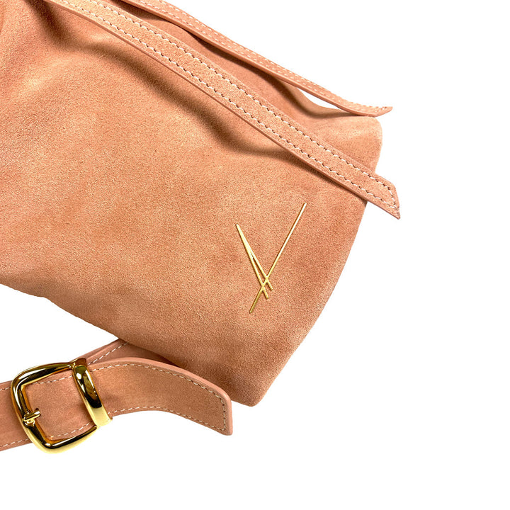 Beige suede handbag with gold buckle and logo embroidery