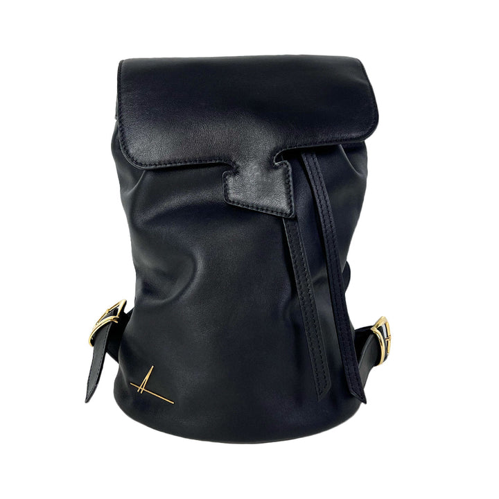 Sleek black leather backpack with gold buckles and minimalist design
