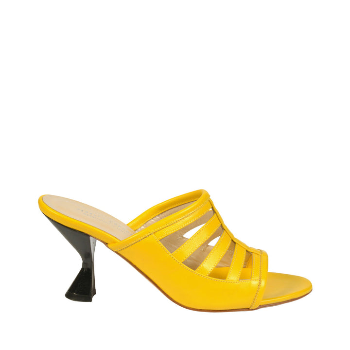 Yellow strappy high-heel mule sandal with black heel