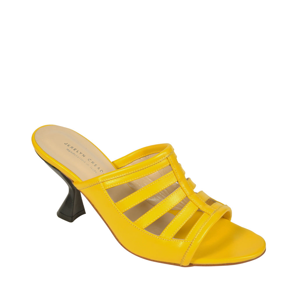 Yellow high-heeled sandal with strappy design