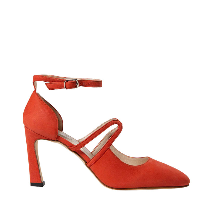 Red suede high-heeled shoe with ankle strap and pointed toe