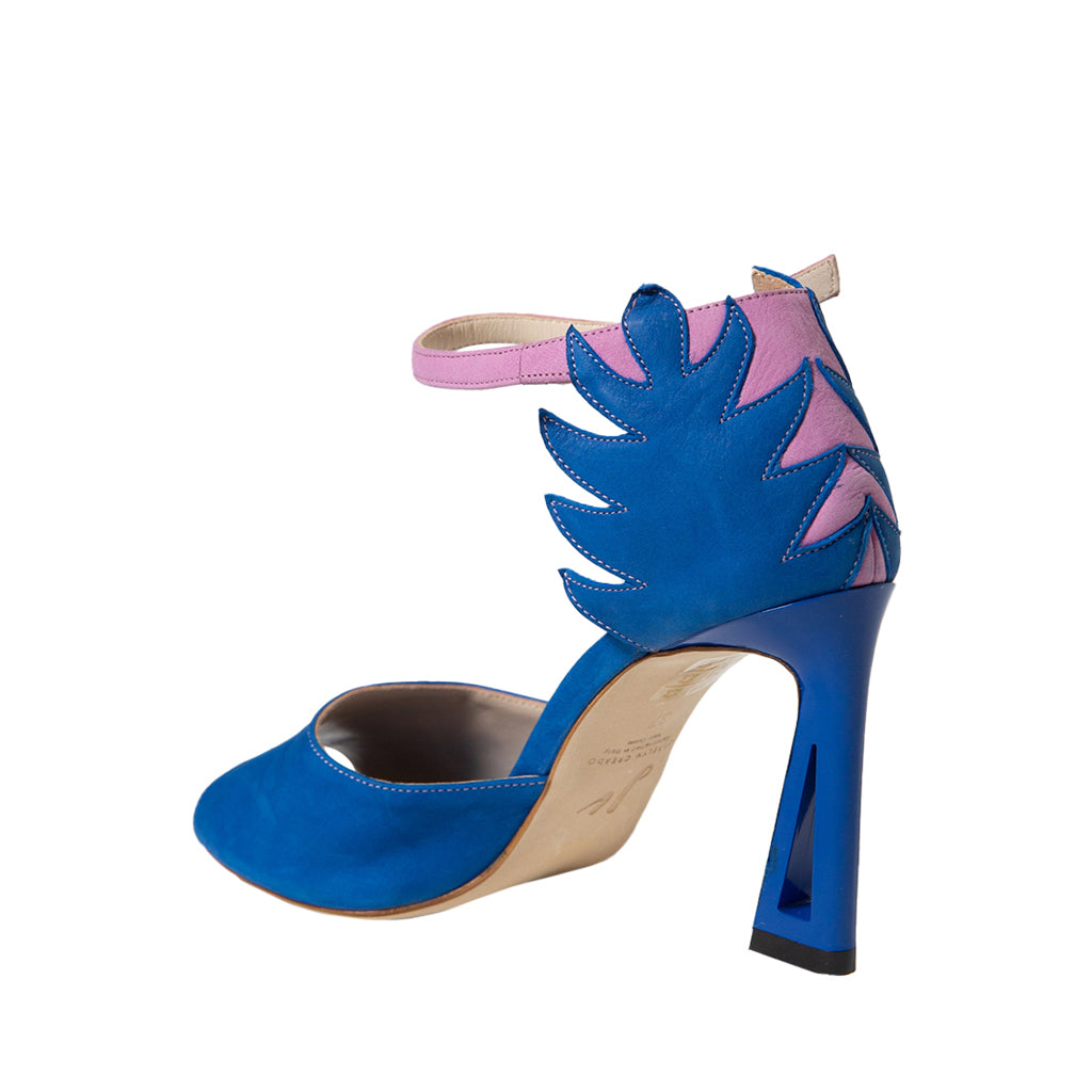 Blue and pink high heel shoe with unique leaf-like design and ankle strap