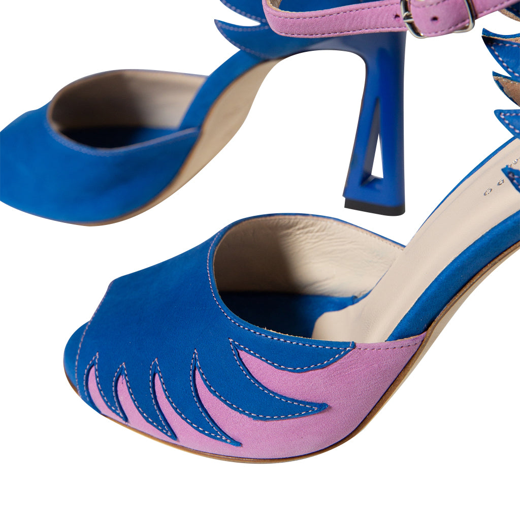 Blue and pink suede high-heeled sandals with unique cutout design