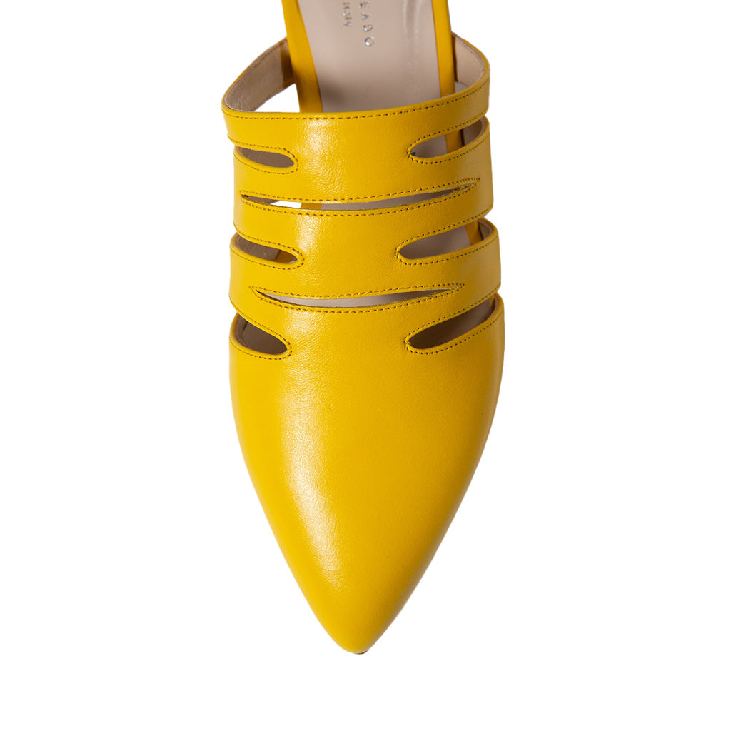 Bright yellow pointed-toe women's shoe with cut-out strap design