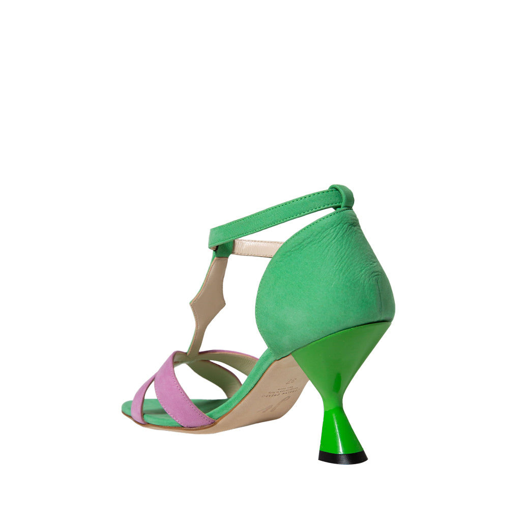 Green and pink high-heeled sandal with ankle strap and unique heel design