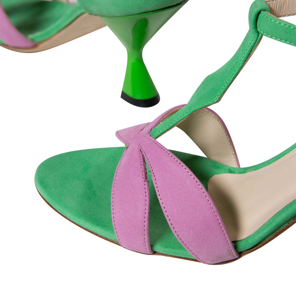 Green and pink high heel sandals with open toe design