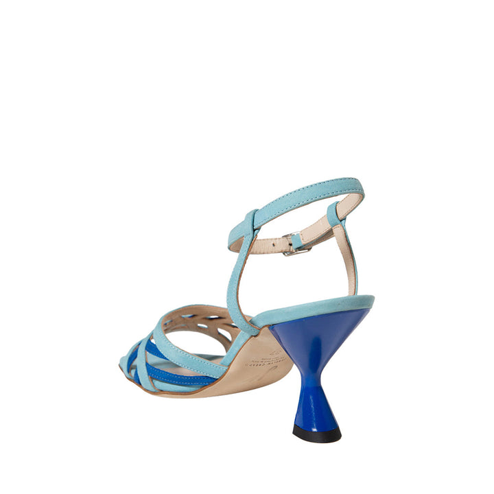 Blue strappy high heel sandal with unique cone-shaped heel and ankle strap