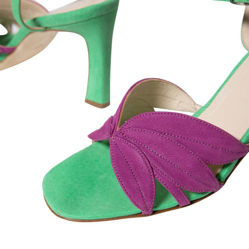 Green and purple high-heel sandal with a unique leaf-inspired design