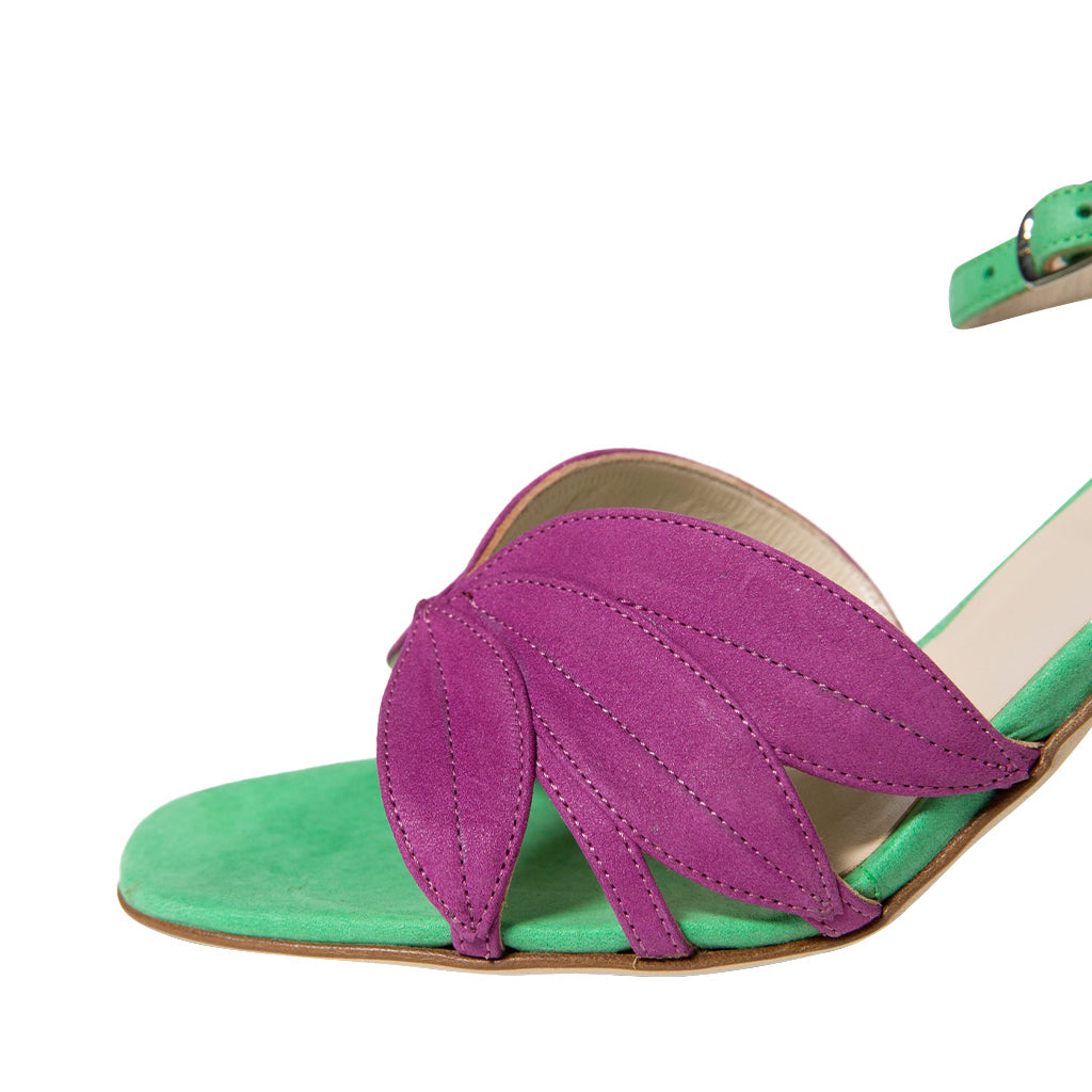 Colorful women's sandal with green and purple leather straps