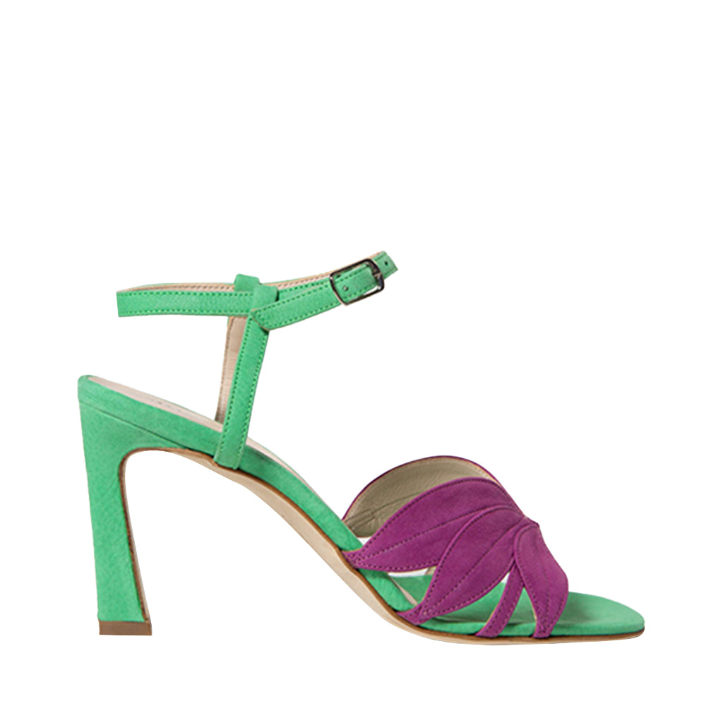 Green and purple high-heeled sandal with ankle strap