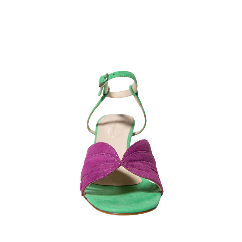 Front view of purple and green open-toe sandal with ankle strap