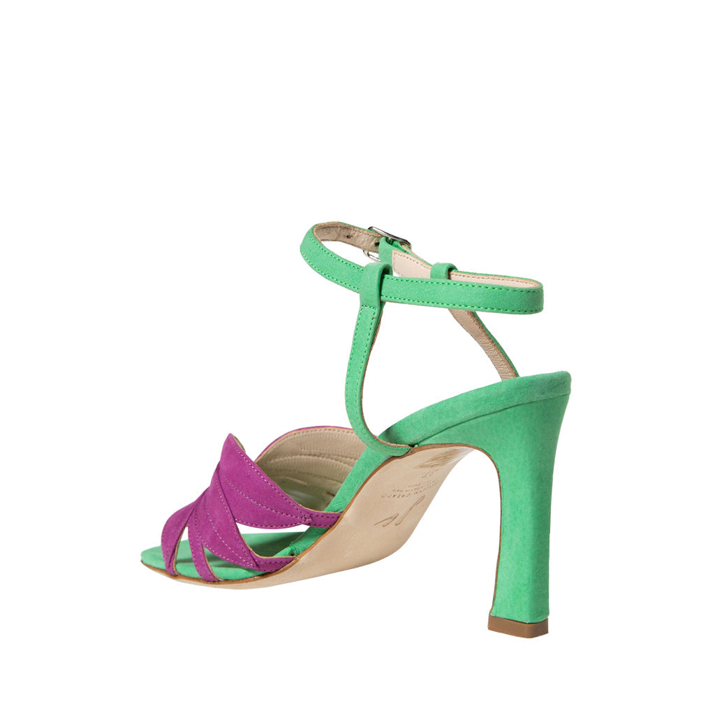 Green and pink high-heeled sandal with an ankle strap