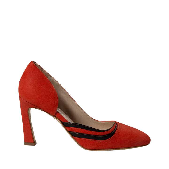 Red suede high heel pump with black stripe detail