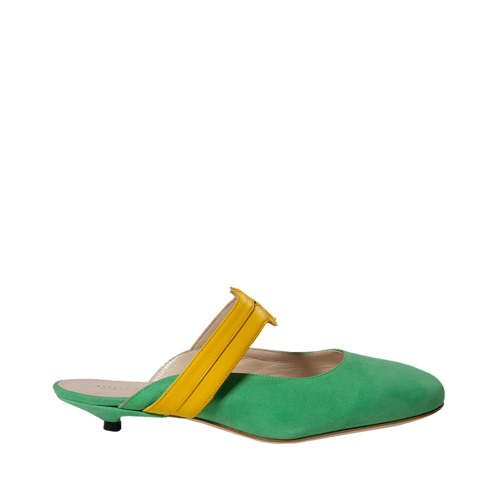 Green and yellow low-heeled women's shoe with a strap