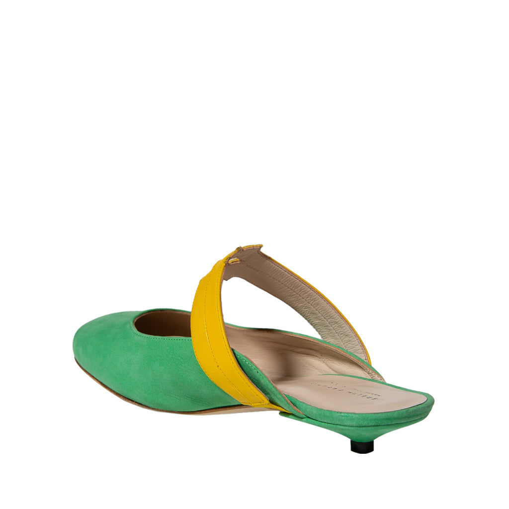 Green and yellow open-back flat shoe with a yellow strap