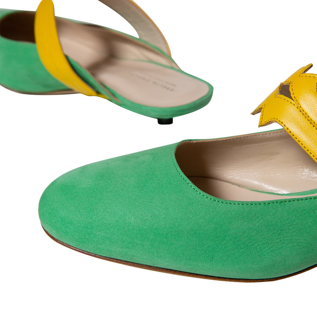 Green and yellow flat shoes with a stylish design