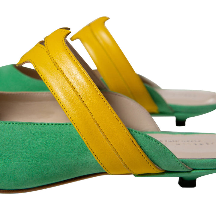 Green and yellow stylish women's sandals with a low heel