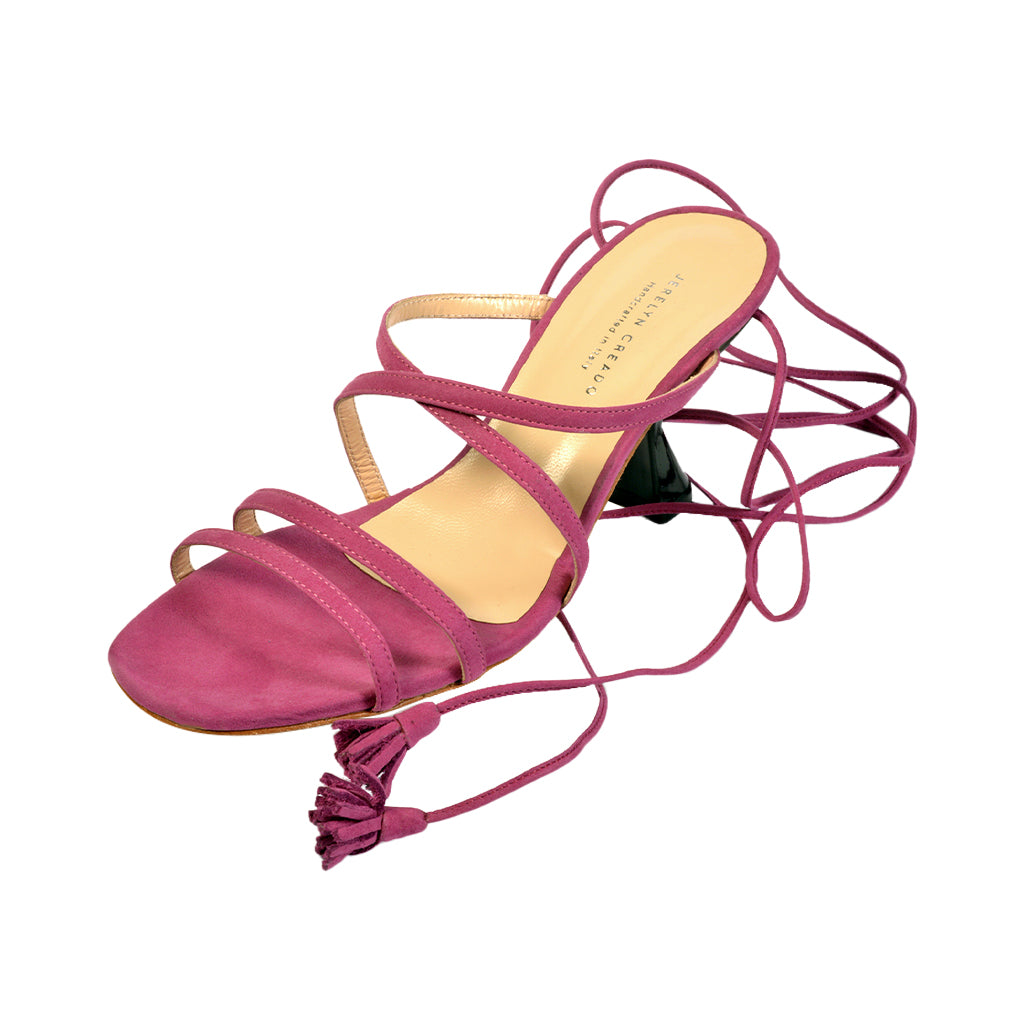 Elegant strappy fuchsia sandal with tassel detail and high heel