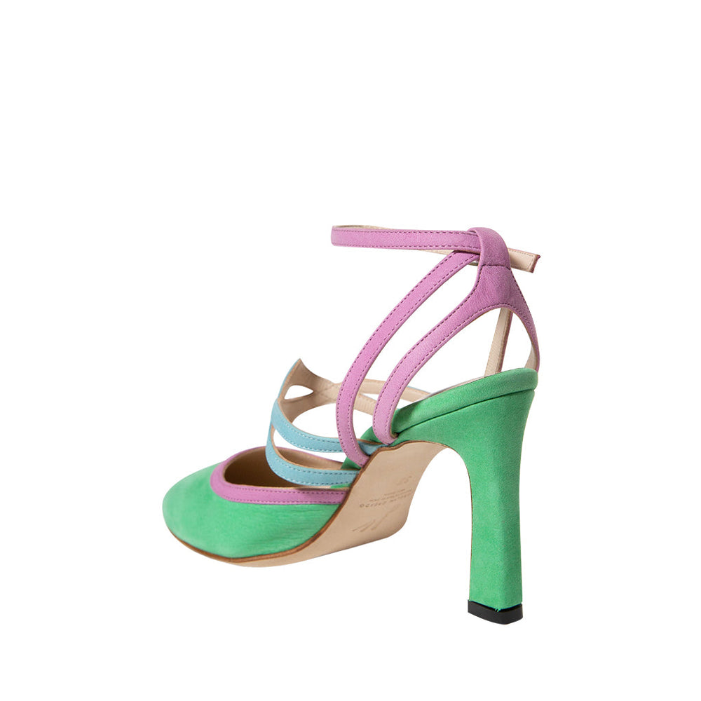 Green and pink high heel shoe with ankle strap and open toe