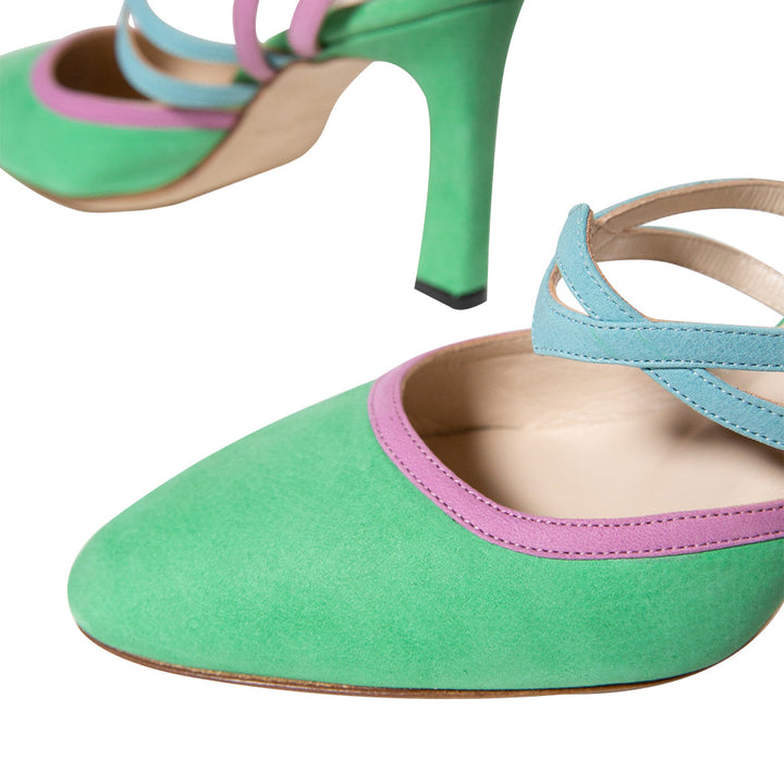 Green and lavender high-heeled shoes with blue straps