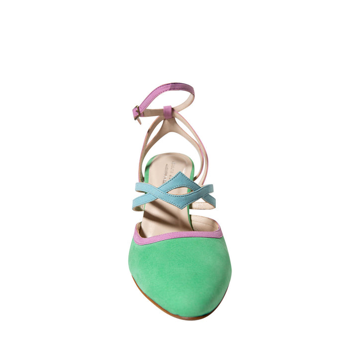 Colorful women's ankle-strap flat shoe with green, pink, and blue accents on white background