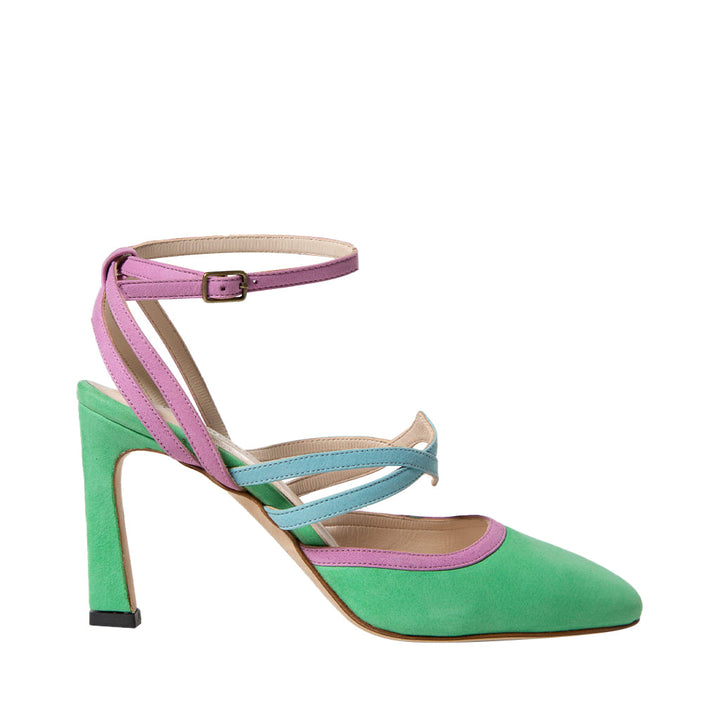 Green and pink high-heeled sandals with ankle strap and crossover design