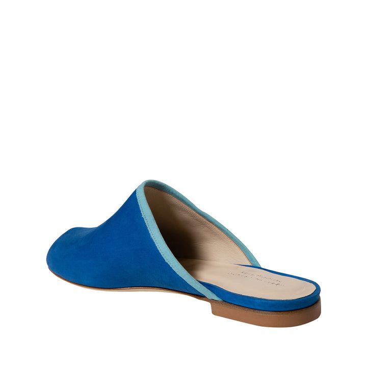 Blue suede slip-on mule with light brown sole