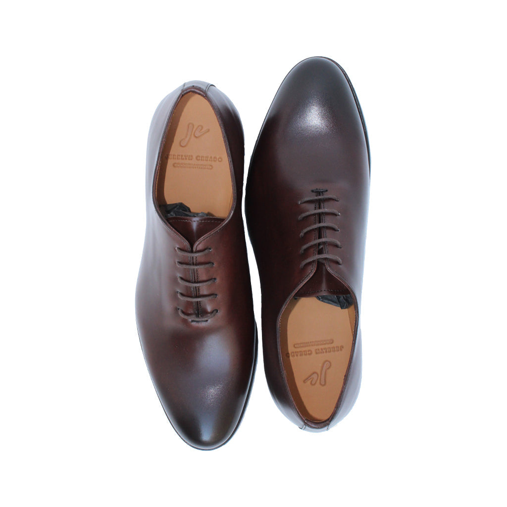 Top view of elegant brown leather dress shoes with laces