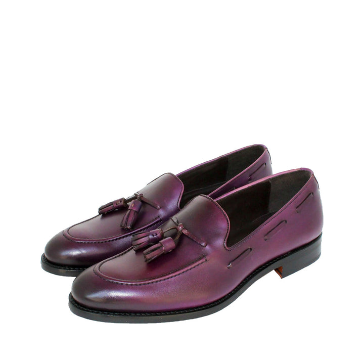 Men's purple leather loafers with tassels, side view