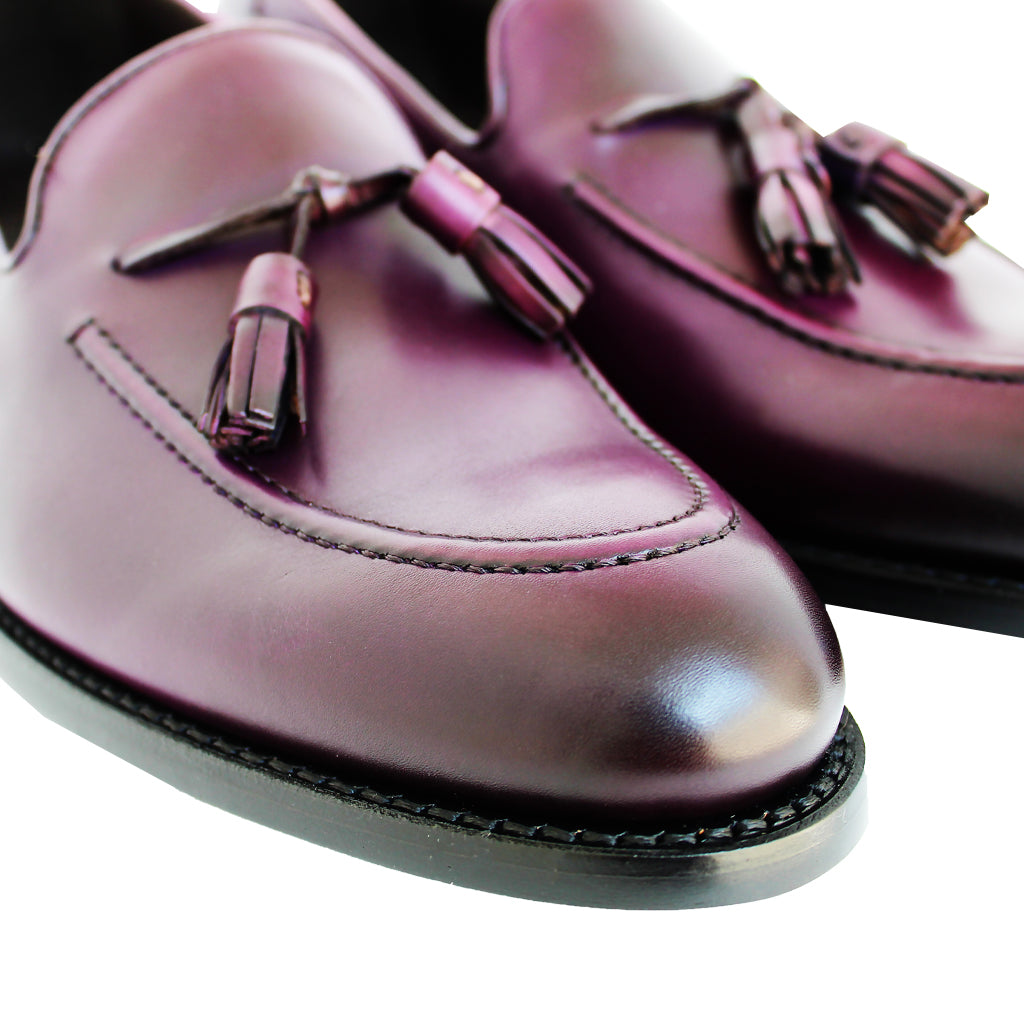 Men's purple leather loafers with tassels